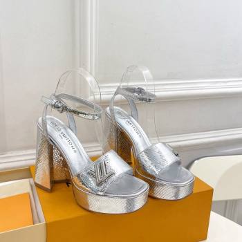 Louis Vuitton Shake Platform Sandals 12cm in Snakeskin Embossed Leather Silver 2024 0606 (MD-240606111)