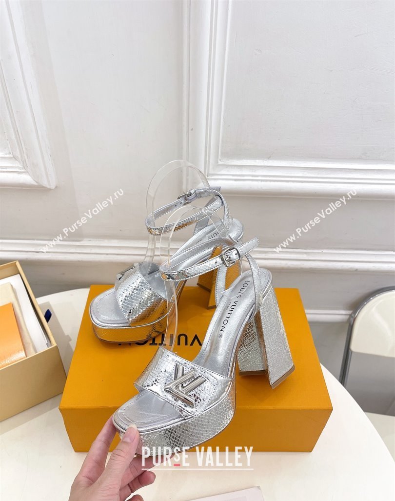 Louis Vuitton Shake Platform Sandals 12cm in Snakeskin Embossed Leather Silver 2024 0606 (MD-240606111)