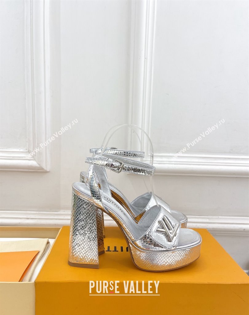 Louis Vuitton Shake Platform Sandals 12cm in Snakeskin Embossed Leather Silver 2024 0606 (MD-240606111)