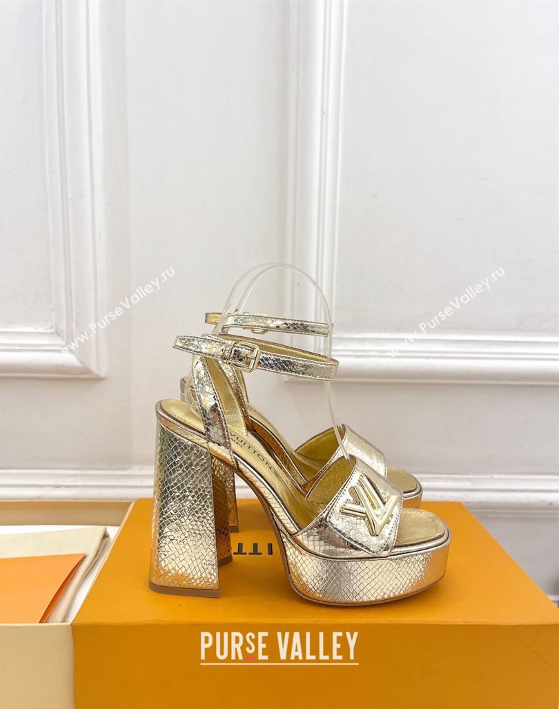 Louis Vuitton Shake Platform Sandals 12cm in Snakeskin Embossed Leather Gold 2024 0606 (MD-240606112)