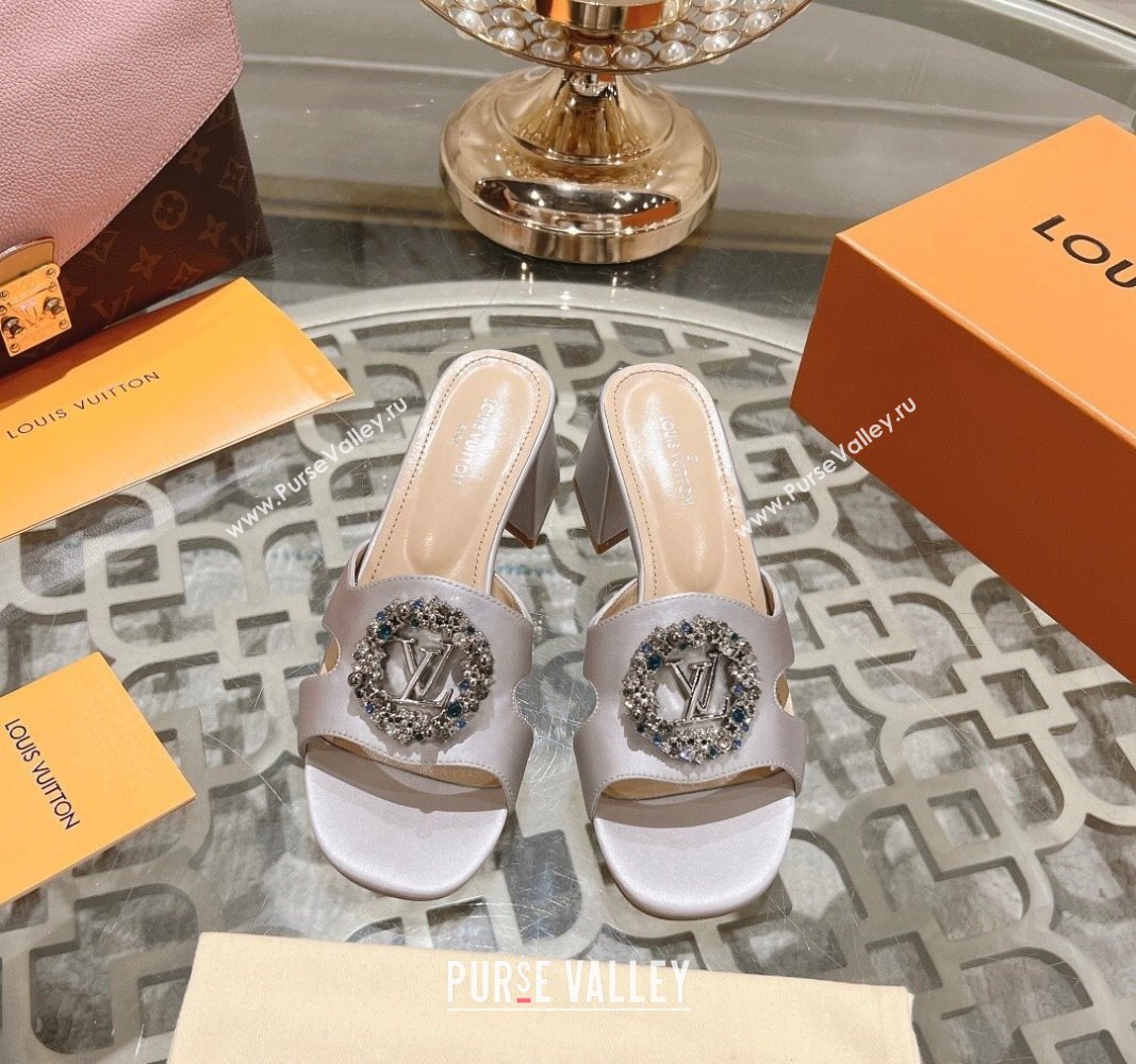 Louis Vuitton LV Met Satin Heel Slide Sandals 5.5cm with Strass Light Grey 2024 0606 (MD-240606092)