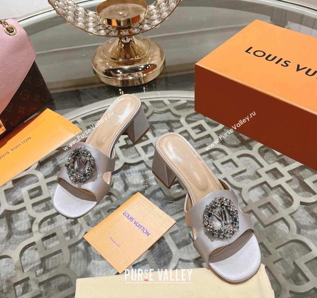 Louis Vuitton LV Met Satin Heel Slide Sandals 5.5cm with Strass Light Grey 2024 0606 (MD-240606092)