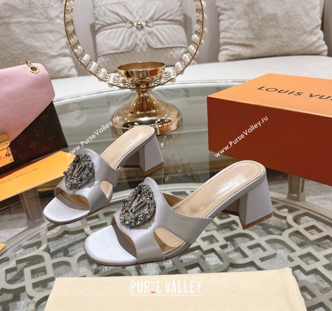 Louis Vuitton LV Met Satin Heel Slide Sandals 5.5cm with Strass Light Grey 2024 0606 (MD-240606092)