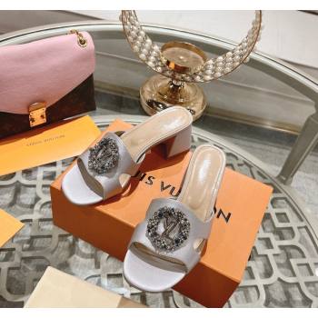 Louis Vuitton LV Met Satin Heel Slide Sandals 5.5cm with Strass Light Grey 2024 0606 (MD-240606092)