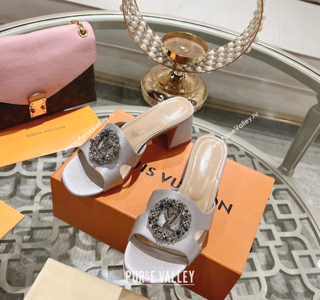 Louis Vuitton LV Met Satin Heel Slide Sandals 5.5cm with Strass Light Grey 2024 0606 (MD-240606092)