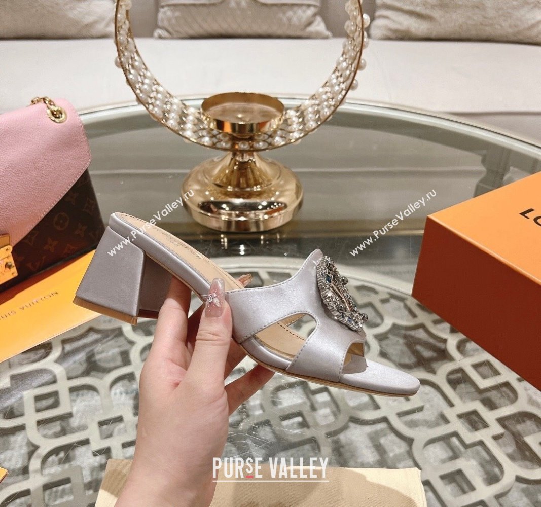 Louis Vuitton LV Met Satin Heel Slide Sandals 5.5cm with Strass Light Grey 2024 0606 (MD-240606092)