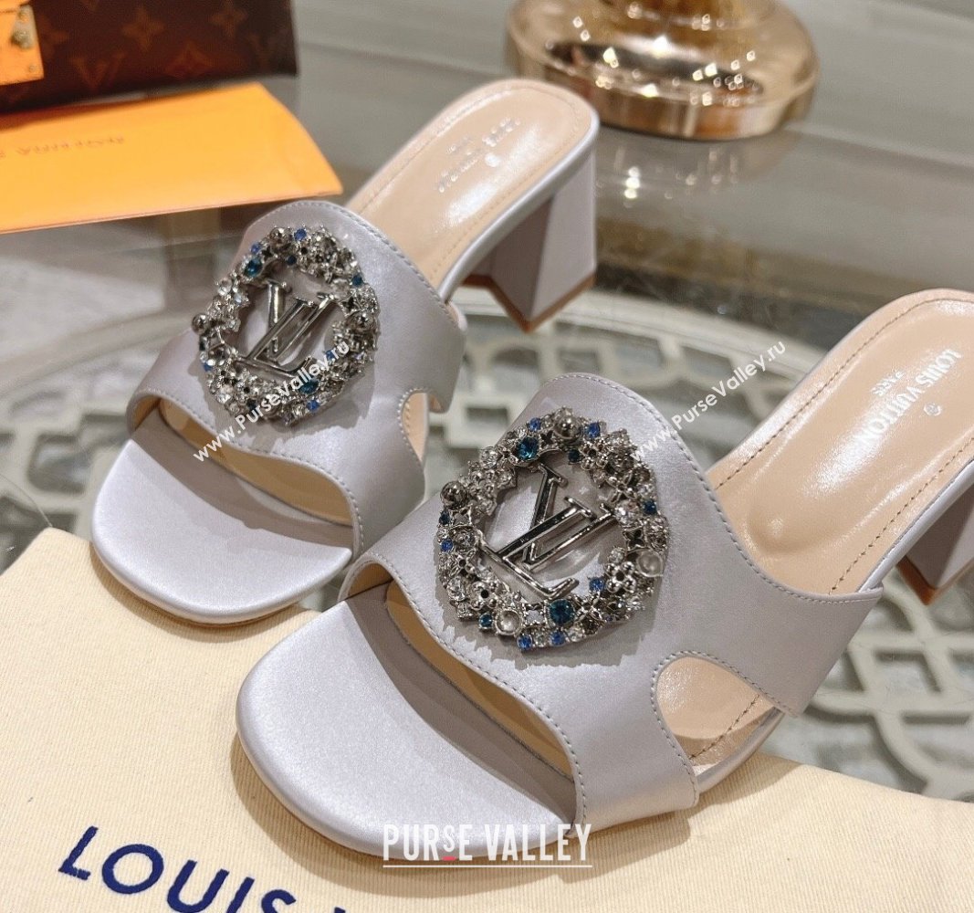 Louis Vuitton LV Met Satin Heel Slide Sandals 5.5cm with Strass Light Grey 2024 0606 (MD-240606092)