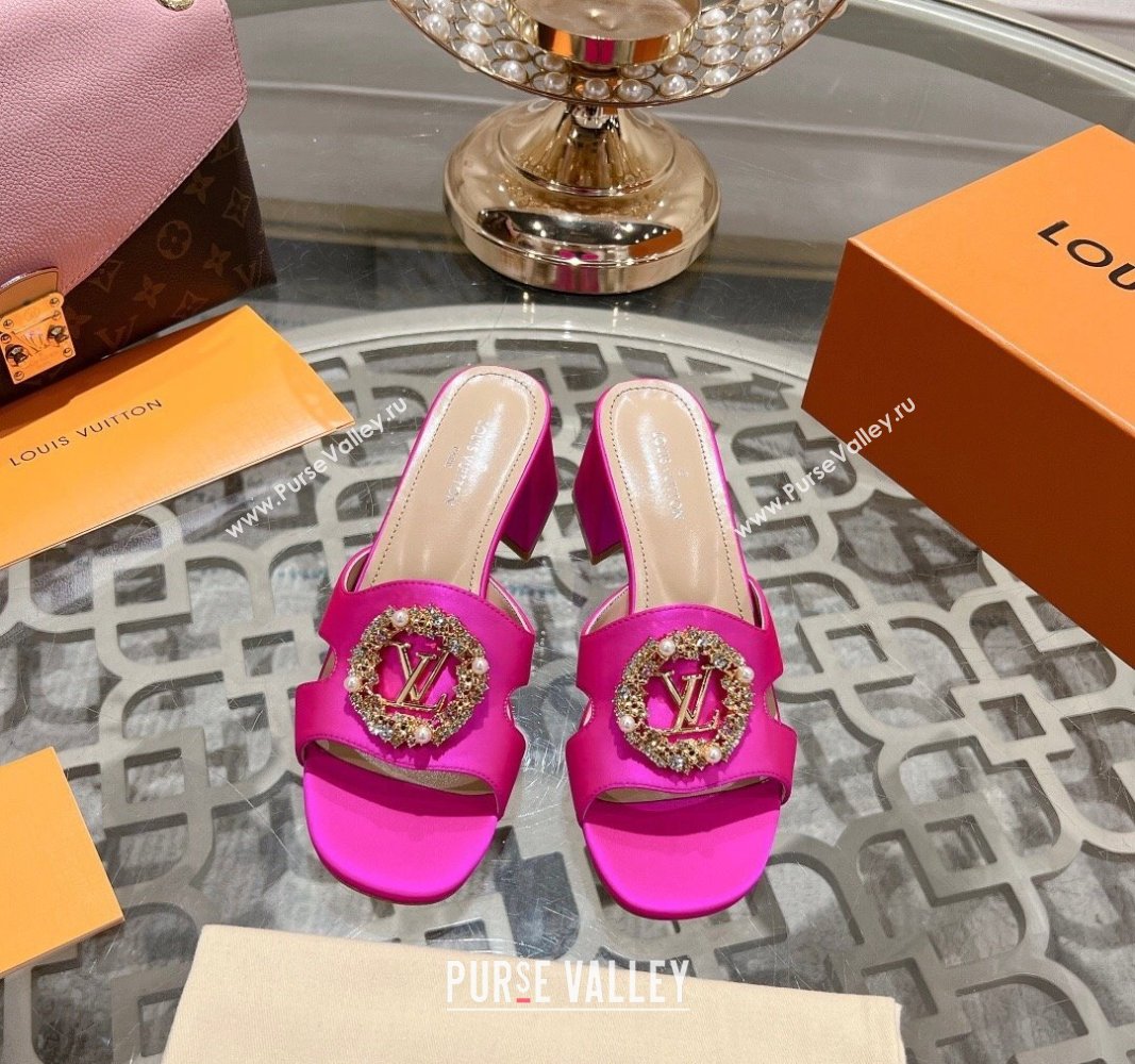 Louis Vuitton LV Met Satin Heel Slide Sandals 5.5cm with Strass Dark Pink 2024 0606 (MD-240606093)