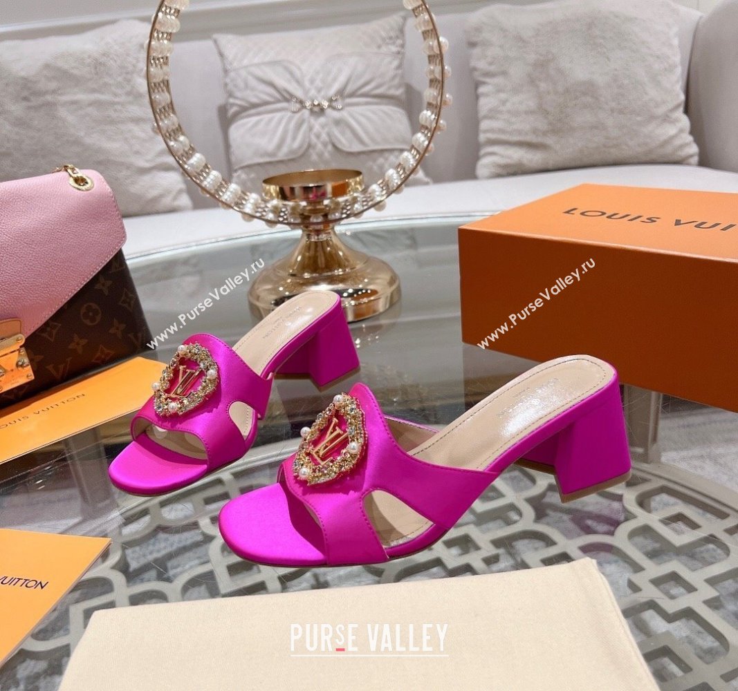 Louis Vuitton LV Met Satin Heel Slide Sandals 5.5cm with Strass Dark Pink 2024 0606 (MD-240606093)