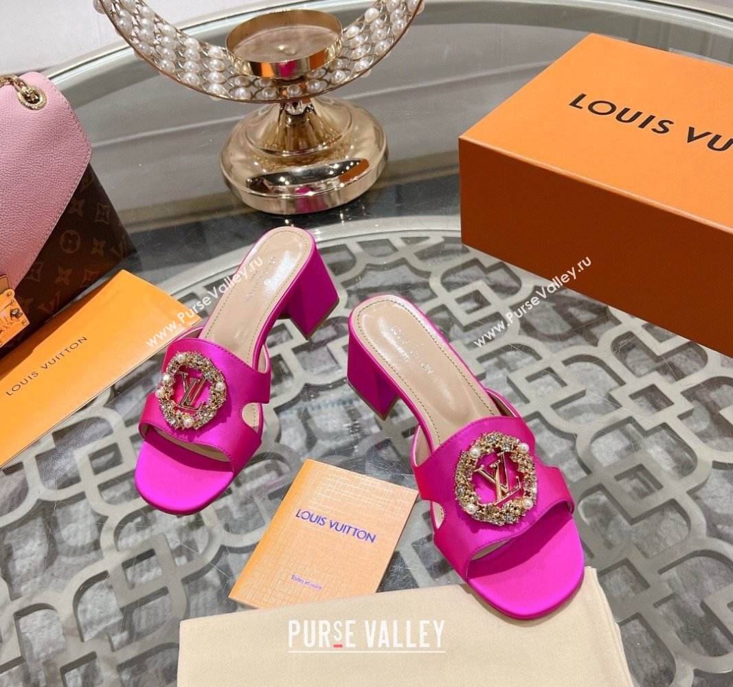 Louis Vuitton LV Met Satin Heel Slide Sandals 5.5cm with Strass Dark Pink 2024 0606 (MD-240606093)