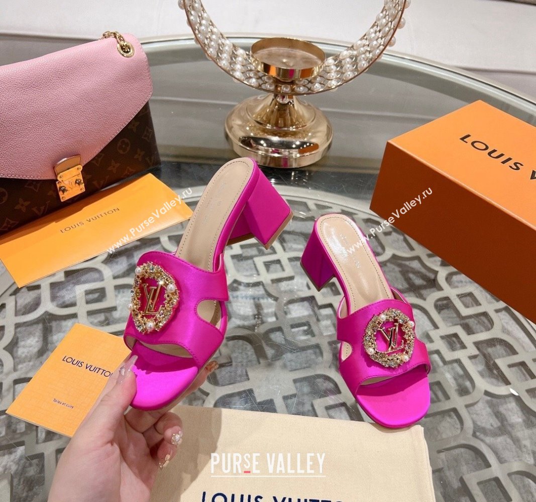 Louis Vuitton LV Met Satin Heel Slide Sandals 5.5cm with Strass Dark Pink 2024 0606 (MD-240606093)