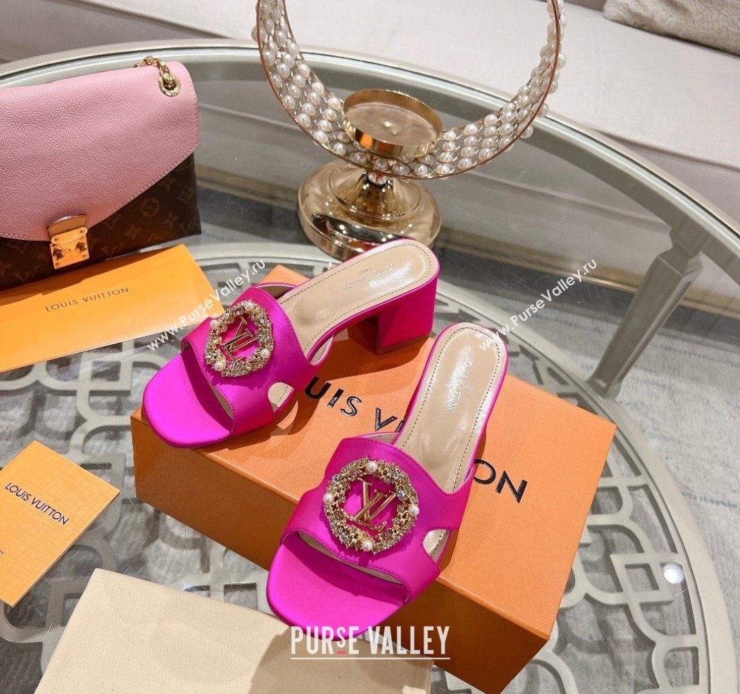 Louis Vuitton LV Met Satin Heel Slide Sandals 5.5cm with Strass Dark Pink 2024 0606 (MD-240606093)