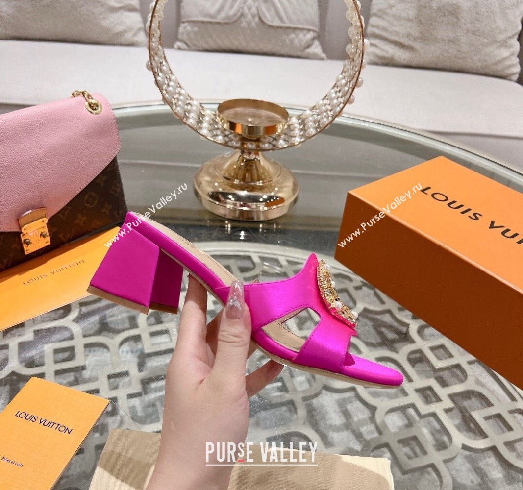 Louis Vuitton LV Met Satin Heel Slide Sandals 5.5cm with Strass Dark Pink 2024 0606 (MD-240606093)