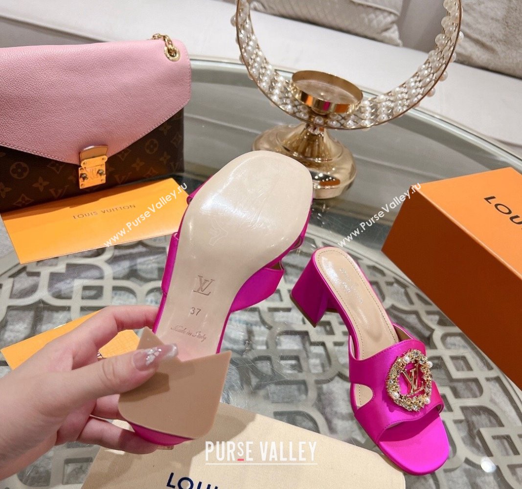 Louis Vuitton LV Met Satin Heel Slide Sandals 5.5cm with Strass Dark Pink 2024 0606 (MD-240606093)