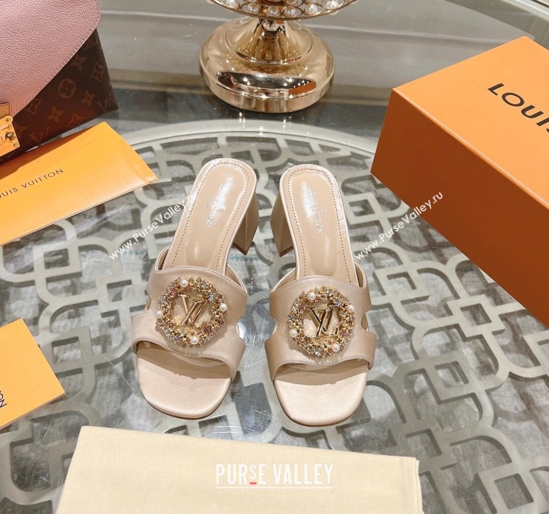 Louis Vuitton LV Met Satin Heel Slide Sandals 5.5cm with Strass Nude 2024 0606 (MD-240606095)