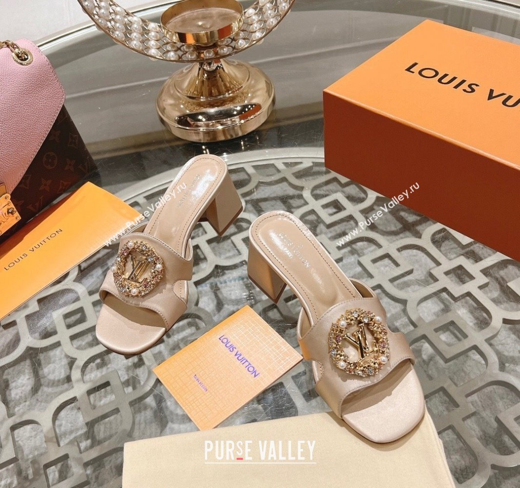 Louis Vuitton LV Met Satin Heel Slide Sandals 5.5cm with Strass Nude 2024 0606 (MD-240606095)