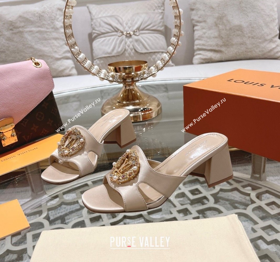 Louis Vuitton LV Met Satin Heel Slide Sandals 5.5cm with Strass Nude 2024 0606 (MD-240606095)