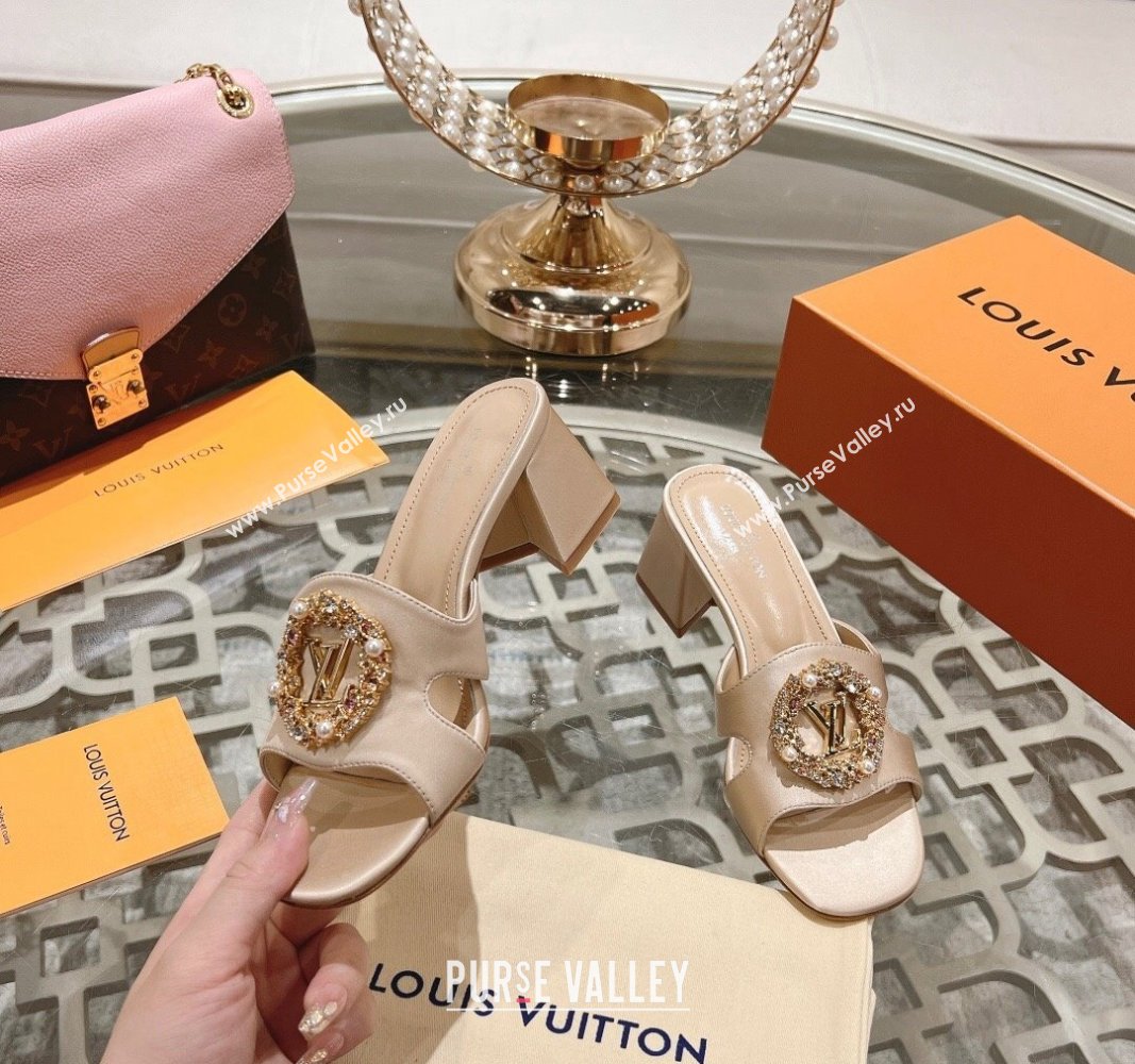 Louis Vuitton LV Met Satin Heel Slide Sandals 5.5cm with Strass Nude 2024 0606 (MD-240606095)