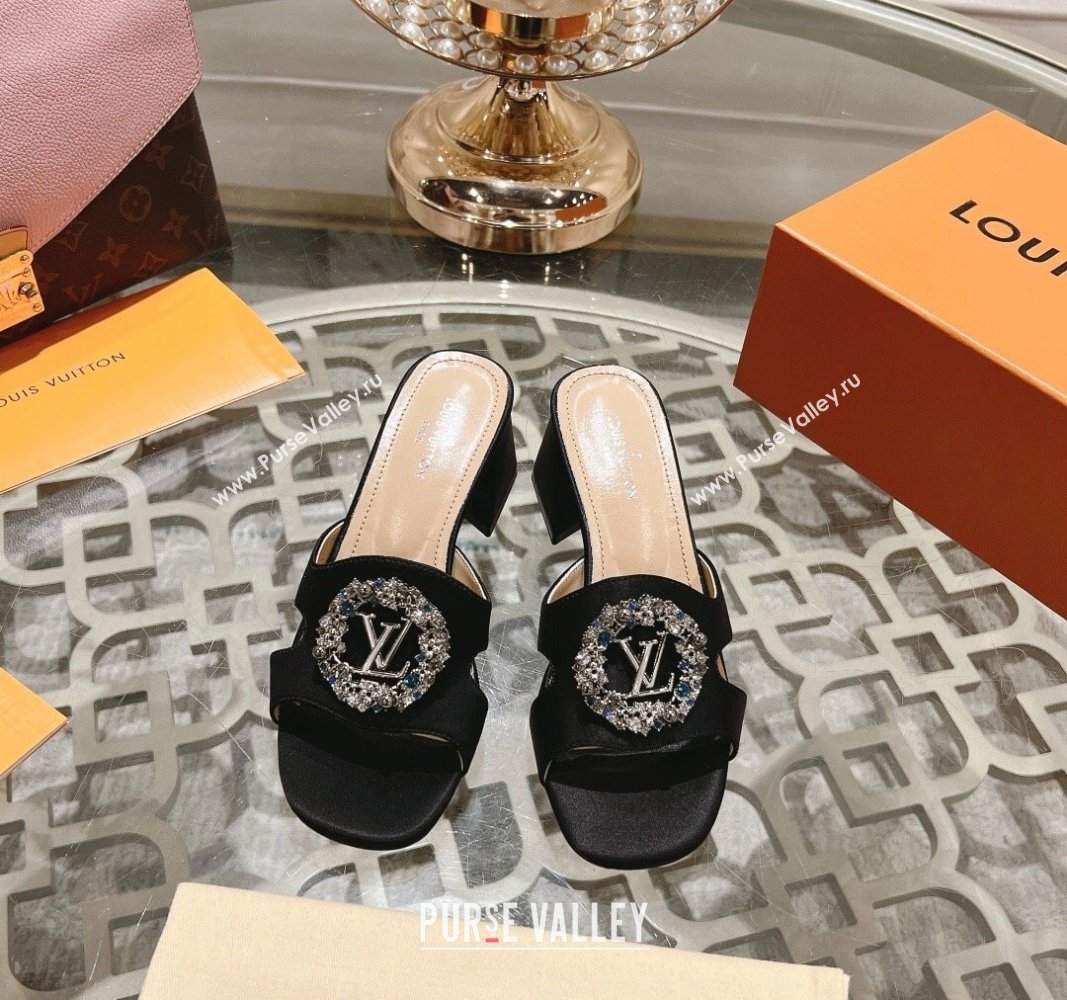 Louis Vuitton LV Met Satin Heel Slide Sandals 5.5cm with Strass Black 2024 0606 (MD-240606098)