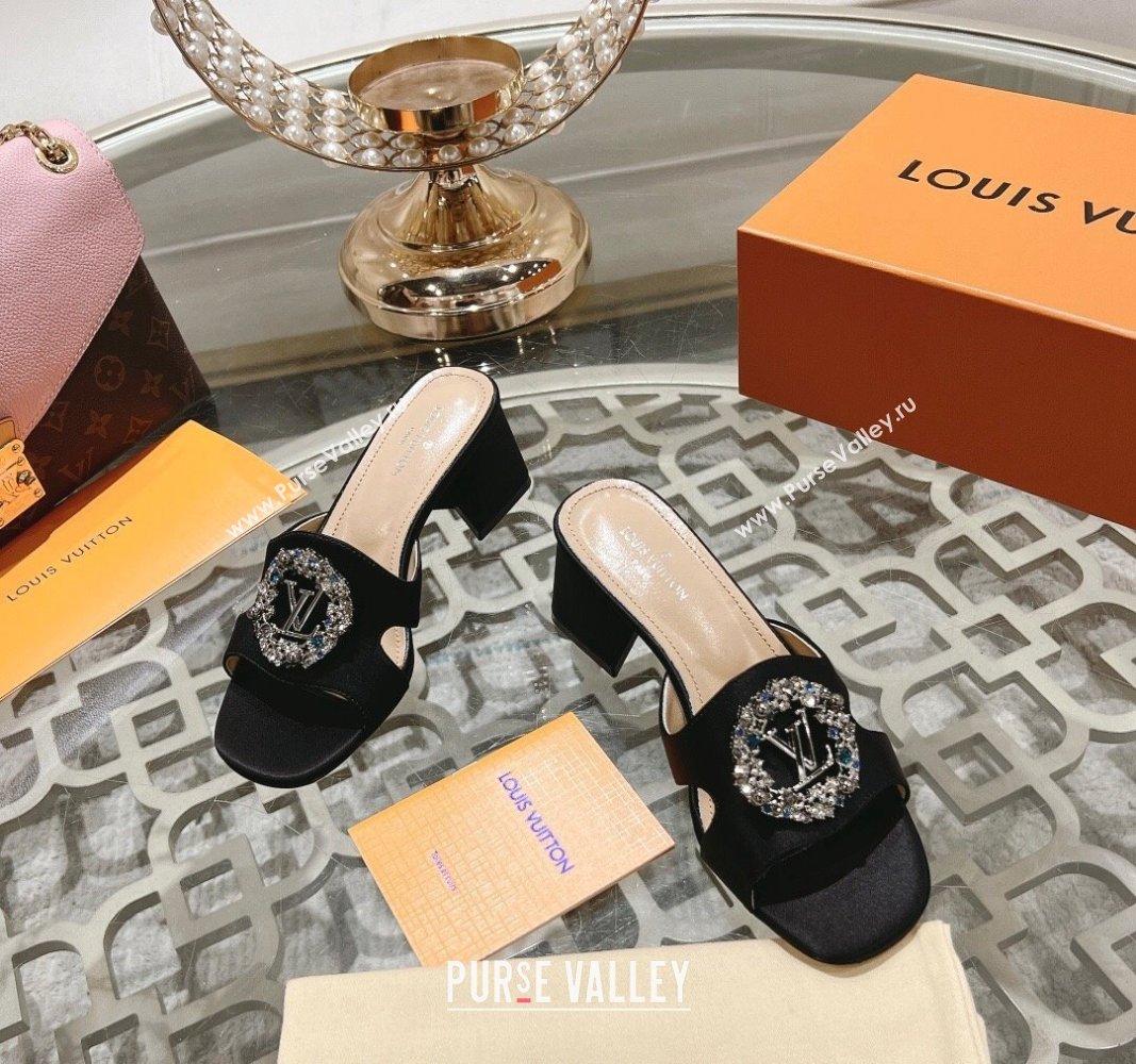 Louis Vuitton LV Met Satin Heel Slide Sandals 5.5cm with Strass Black 2024 0606 (MD-240606098)