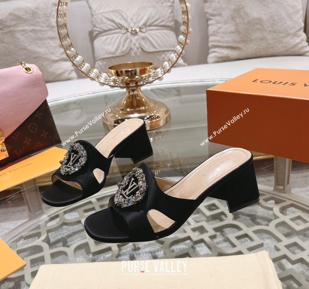 Louis Vuitton LV Met Satin Heel Slide Sandals 5.5cm with Strass Black 2024 0606 (MD-240606098)