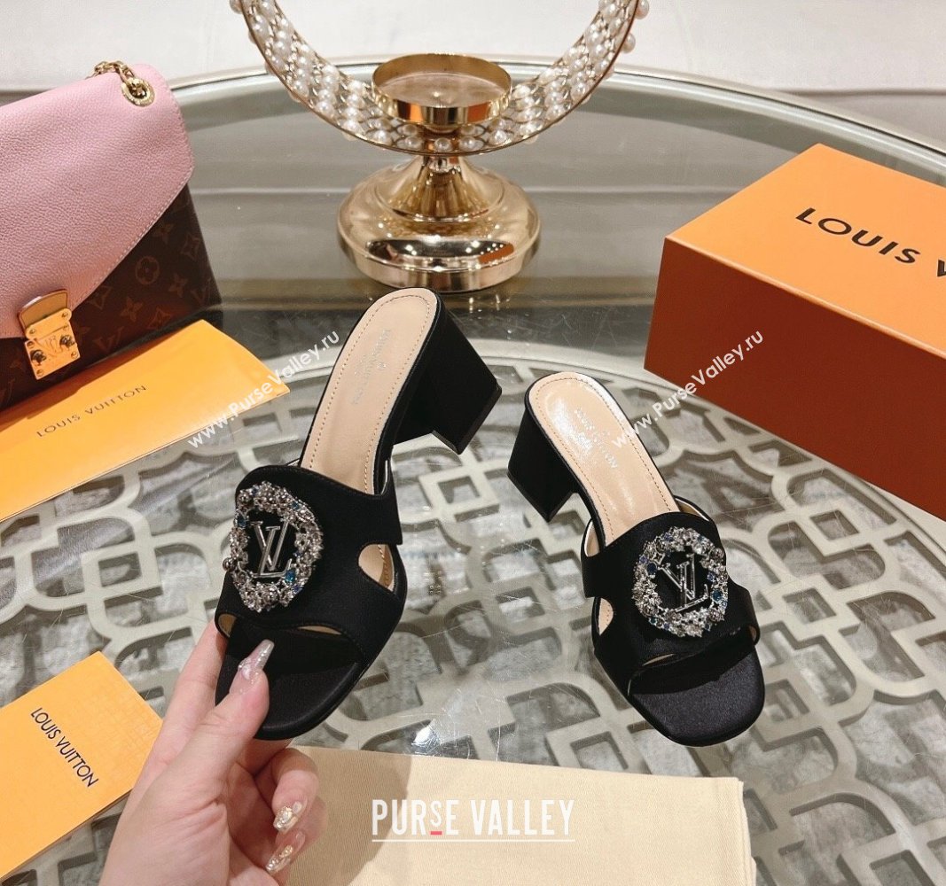 Louis Vuitton LV Met Satin Heel Slide Sandals 5.5cm with Strass Black 2024 0606 (MD-240606098)