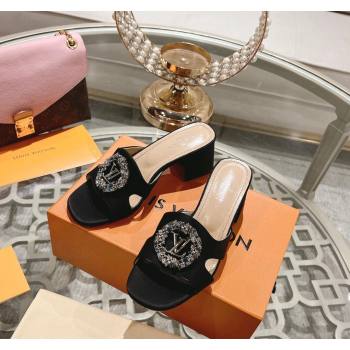 Louis Vuitton LV Met Satin Heel Slide Sandals 5.5cm with Strass Black 2024 0606 (MD-240606098)