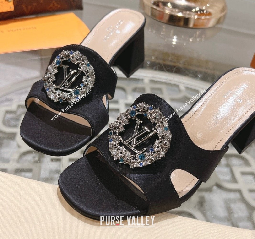 Louis Vuitton LV Met Satin Heel Slide Sandals 5.5cm with Strass Black 2024 0606 (MD-240606098)