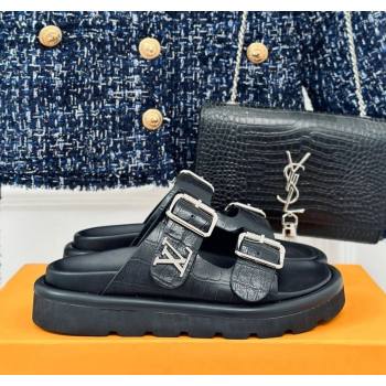Louis Vuitton LV Flat Slide Sandals in Balck Embossed Leather with Strap 2024 0606 (MD-240606180)