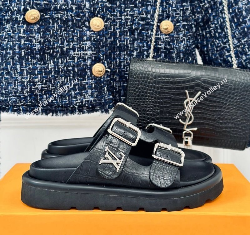 Louis Vuitton LV Flat Slide Sandals in Balck Embossed Leather with Strap 2024 0606 (MD-240606180)