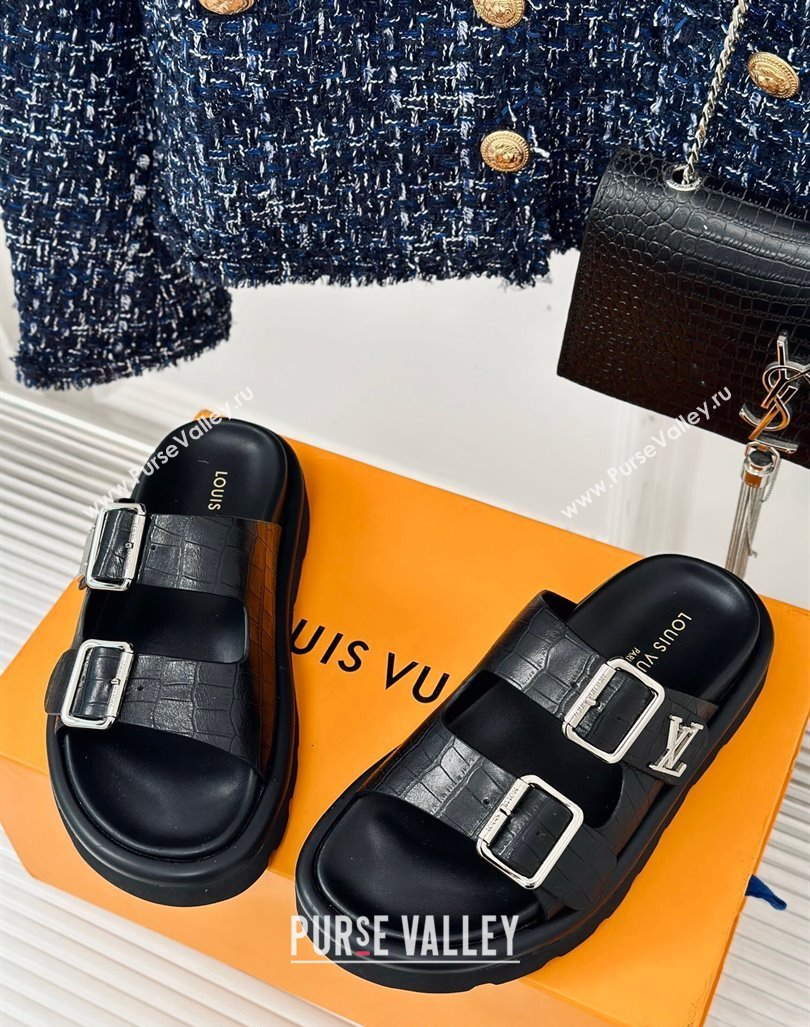 Louis Vuitton LV Flat Slide Sandals in Balck Embossed Leather with Strap 2024 0606 (MD-240606180)