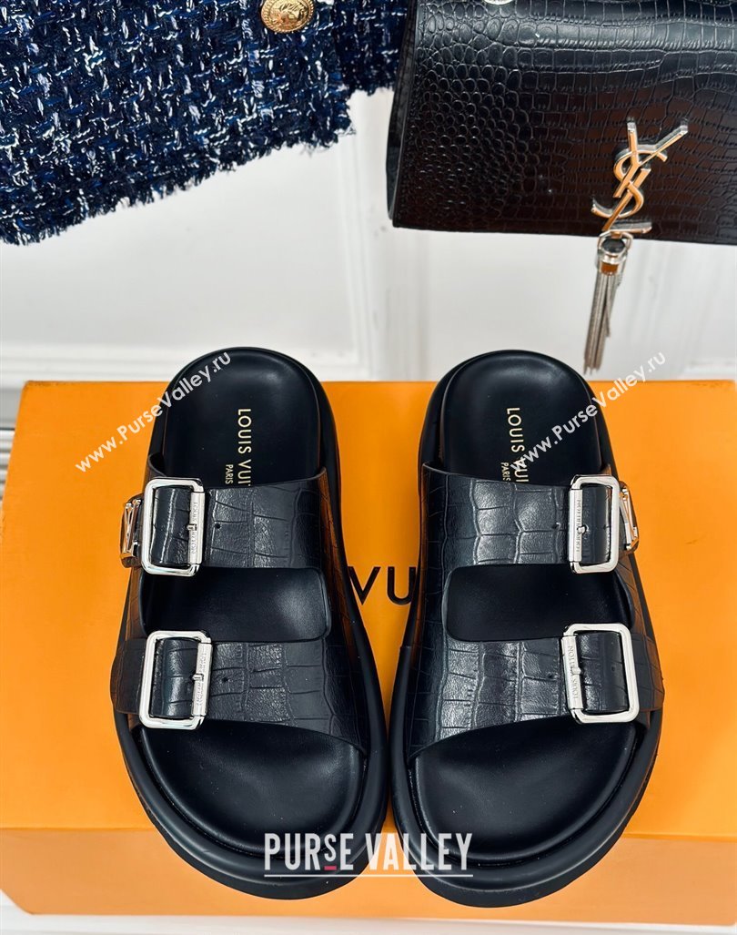 Louis Vuitton LV Flat Slide Sandals in Balck Embossed Leather with Strap 2024 0606 (MD-240606180)