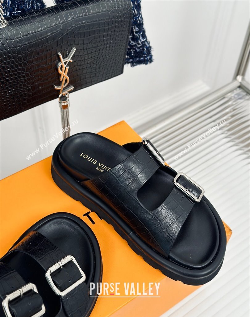 Louis Vuitton LV Flat Slide Sandals in Balck Embossed Leather with Strap 2024 0606 (MD-240606180)