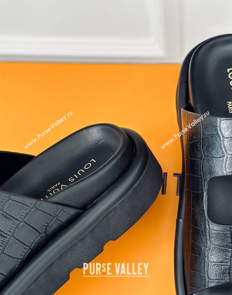 Louis Vuitton LV Flat Slide Sandals in Balck Embossed Leather with Strap 2024 0606 (MD-240606180)