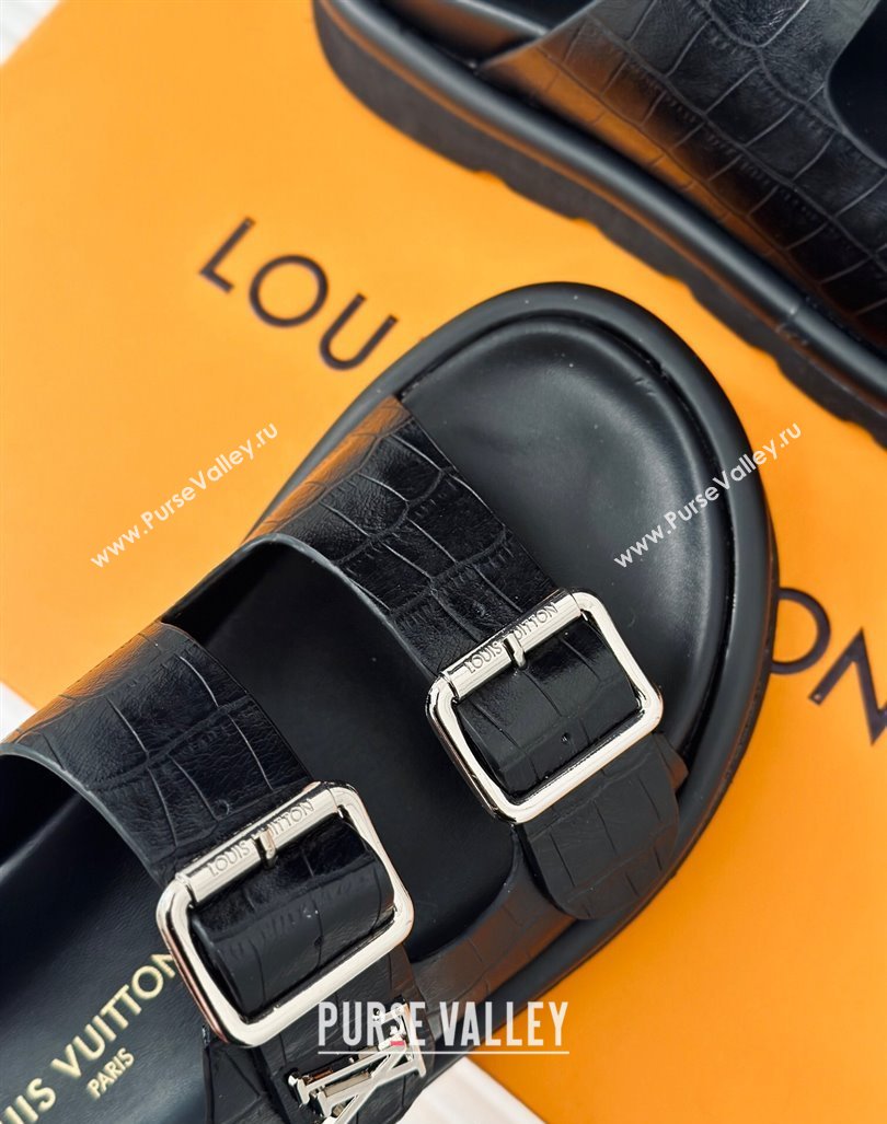 Louis Vuitton LV Flat Slide Sandals in Balck Embossed Leather with Strap 2024 0606 (MD-240606180)