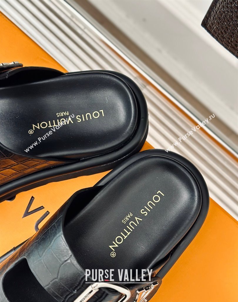 Louis Vuitton LV Flat Slide Sandals in Balck Embossed Leather with Strap 2024 0606 (MD-240606180)