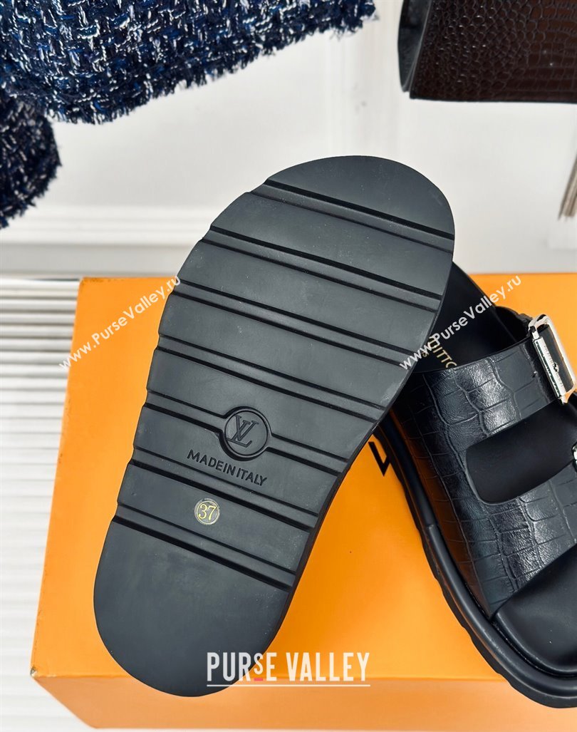 Louis Vuitton LV Flat Slide Sandals in Balck Embossed Leather with Strap 2024 0606 (MD-240606180)