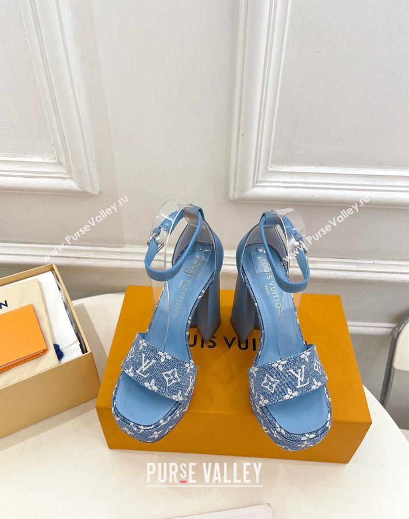 Louis Vuitton Fame Heel Platform Sandal 12cm in Monogram Jacquard Light Blue 2024 0606 (MD-240606138)