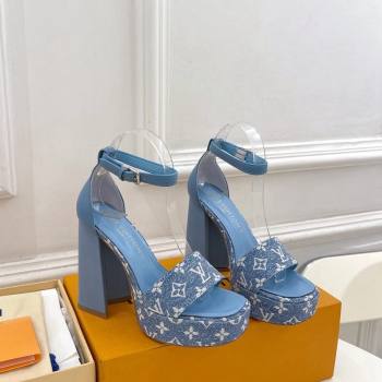 Louis Vuitton Fame Heel Platform Sandal 12cm in Monogram Jacquard Light Blue 2024 0606 (MD-240606138)
