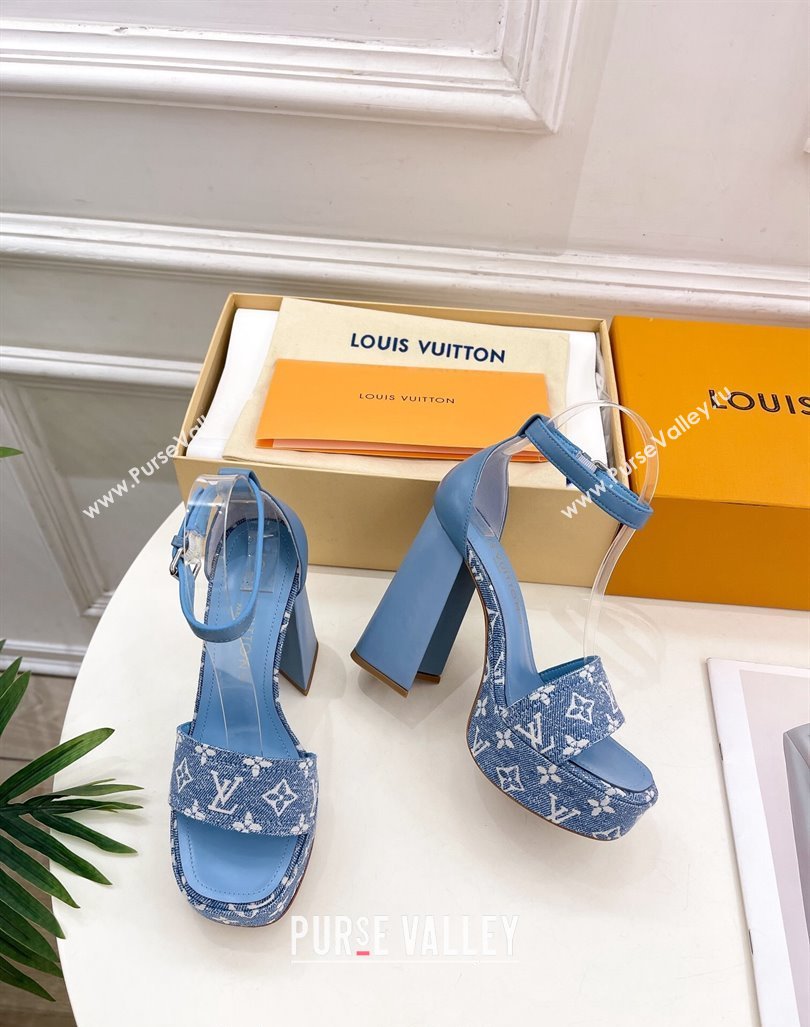 Louis Vuitton Fame Heel Platform Sandal 12cm in Monogram Jacquard Light Blue 2024 0606 (MD-240606138)