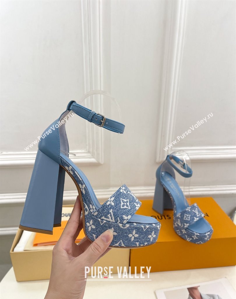 Louis Vuitton Fame Heel Platform Sandal 12cm in Monogram Jacquard Light Blue 2024 0606 (MD-240606138)