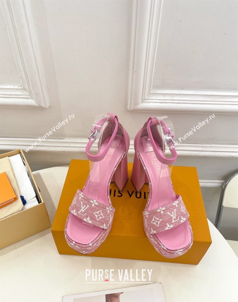 Louis Vuitton Fame Heel Platform Sandal 12cm in Monogram Jacquard Pink 2024 0606 (MD-240606139)