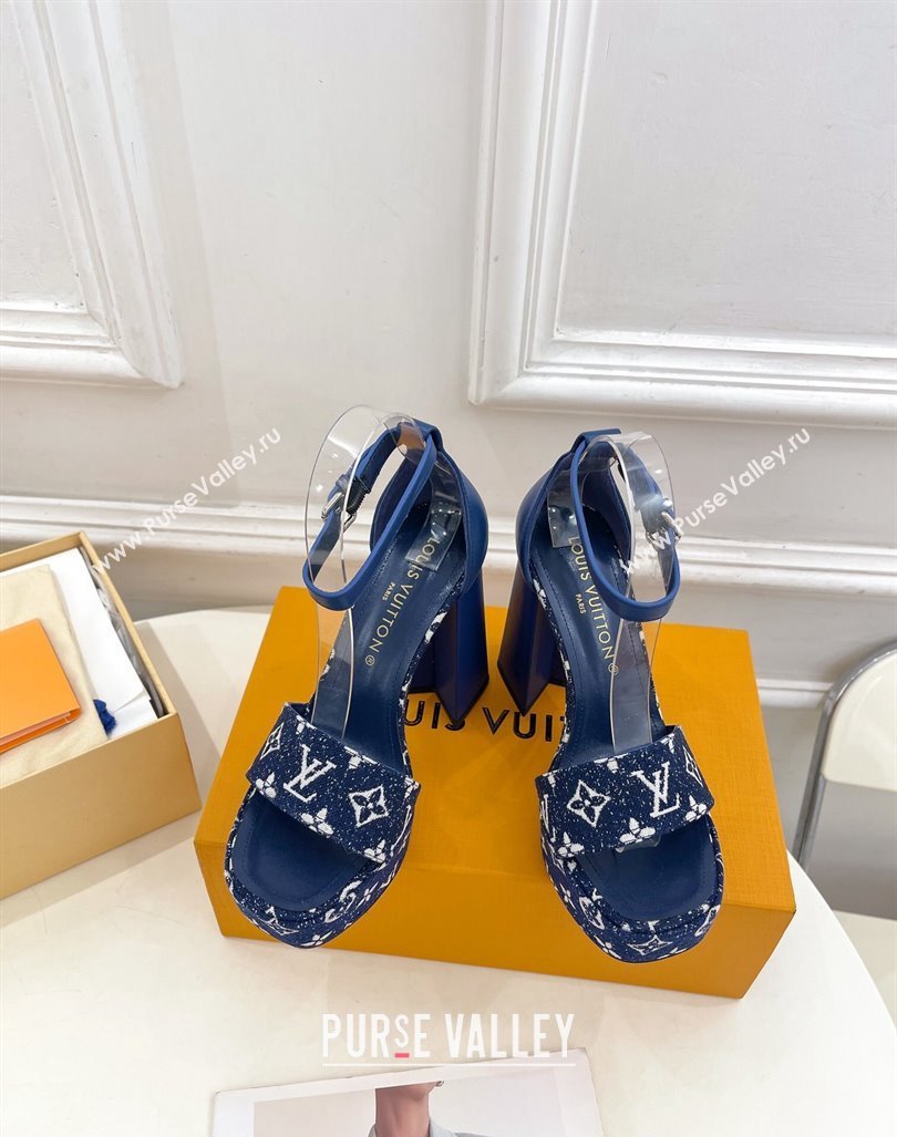 Louis Vuitton Fame Heel Platform Sandal 12cm in Monogram Jacquard Navy Blue 2024 0606 (MD-240606140)