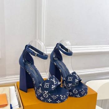 Louis Vuitton Fame Heel Platform Sandal 12cm in Monogram Jacquard Navy Blue 2024 0606 (MD-240606140)