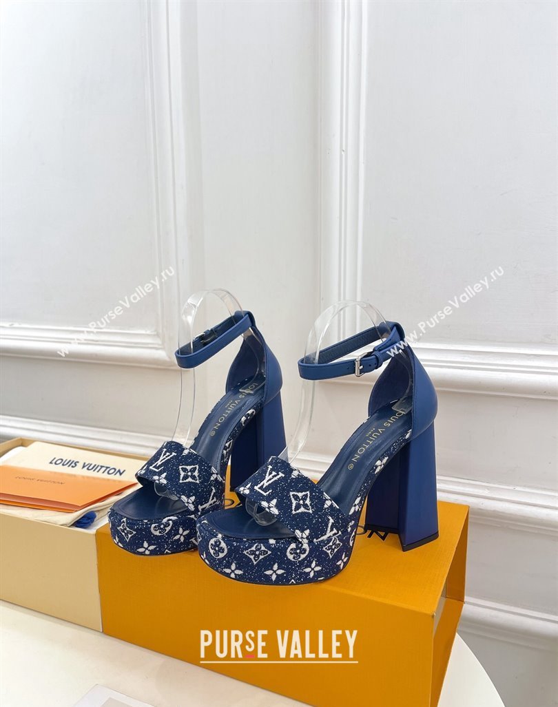 Louis Vuitton Fame Heel Platform Sandal 12cm in Monogram Jacquard Navy Blue 2024 0606 (MD-240606140)