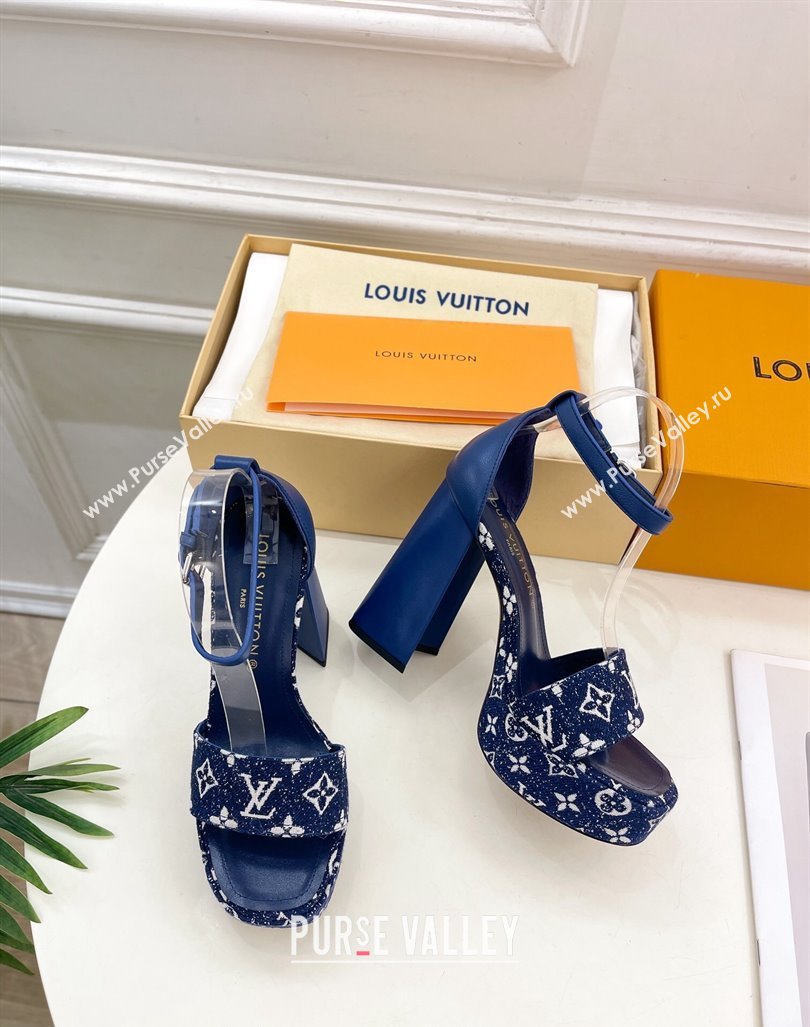 Louis Vuitton Fame Heel Platform Sandal 12cm in Monogram Jacquard Navy Blue 2024 0606 (MD-240606140)