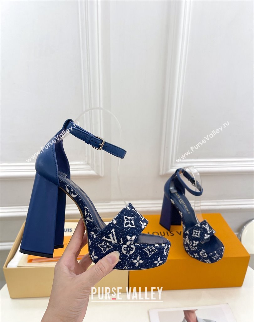 Louis Vuitton Fame Heel Platform Sandal 12cm in Monogram Jacquard Navy Blue 2024 0606 (MD-240606140)