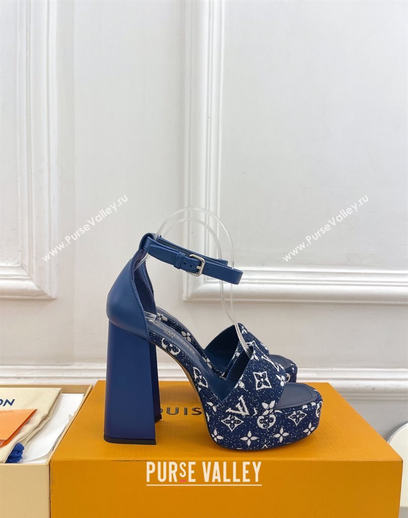 Louis Vuitton Fame Heel Platform Sandal 12cm in Monogram Jacquard Navy Blue 2024 0606 (MD-240606140)