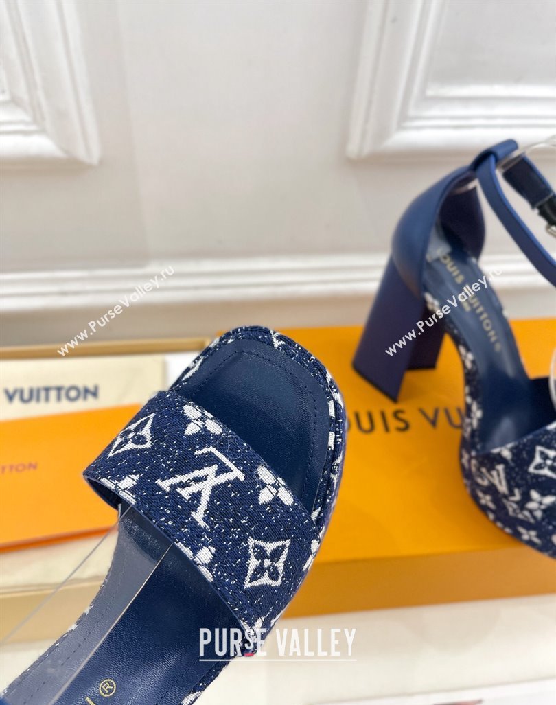 Louis Vuitton Fame Heel Platform Sandal 12cm in Monogram Jacquard Navy Blue 2024 0606 (MD-240606140)