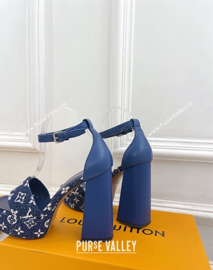 Louis Vuitton Fame Heel Platform Sandal 12cm in Monogram Jacquard Navy Blue 2024 0606 (MD-240606140)